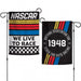 black garden flag with two different nascar themed designs on each side