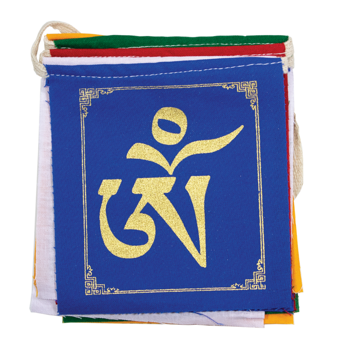 blue prayer flag with the sacred mantra symbol on the front