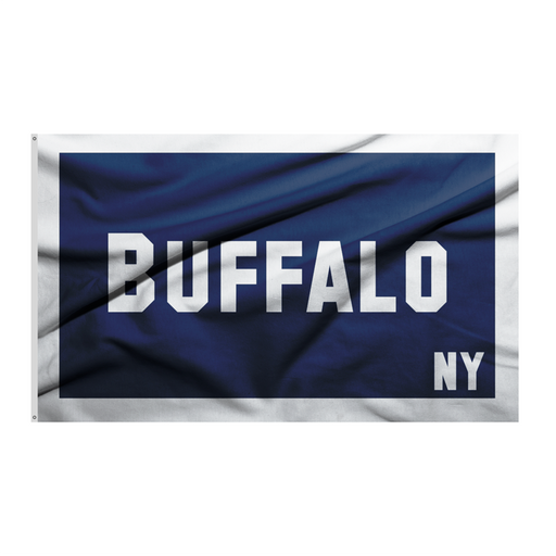 BLUE FLAG WITH WHITE BORDER AND THE WORDS "BUFFALO NY"