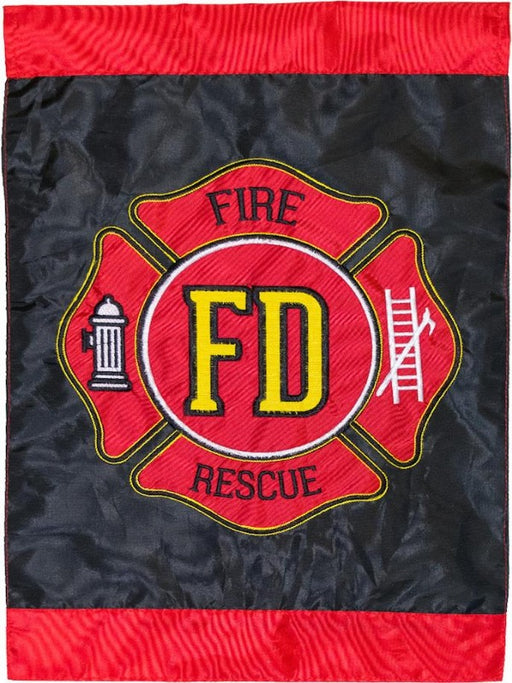 red and black flag with the fire department logo in the center