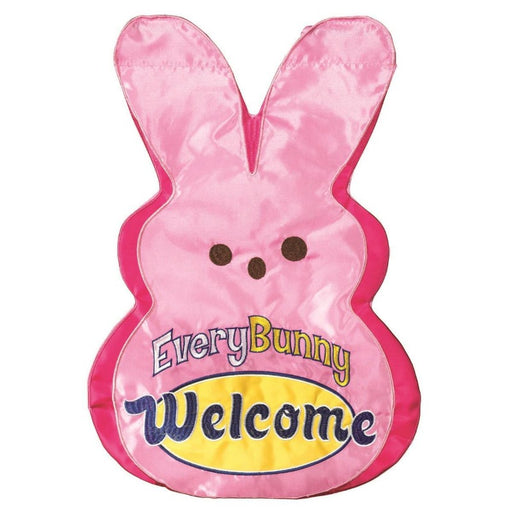 pink rabbit peep with text saying "every bunny welcome" flag