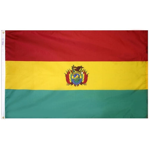 red yellow and green horizontal striped flag with crest in the center