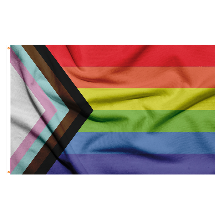 RAINBOW STRIPED FLAG WITH A TRIANGLE FOR THE TRANSGENDER FLAG COLORS ALONG WITH BLACK AND BROWN - comes in 2x3', 3x5', 4x6', and 5x8'
