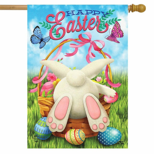 easter themed flag with a bunny hopping into a basket of eggs