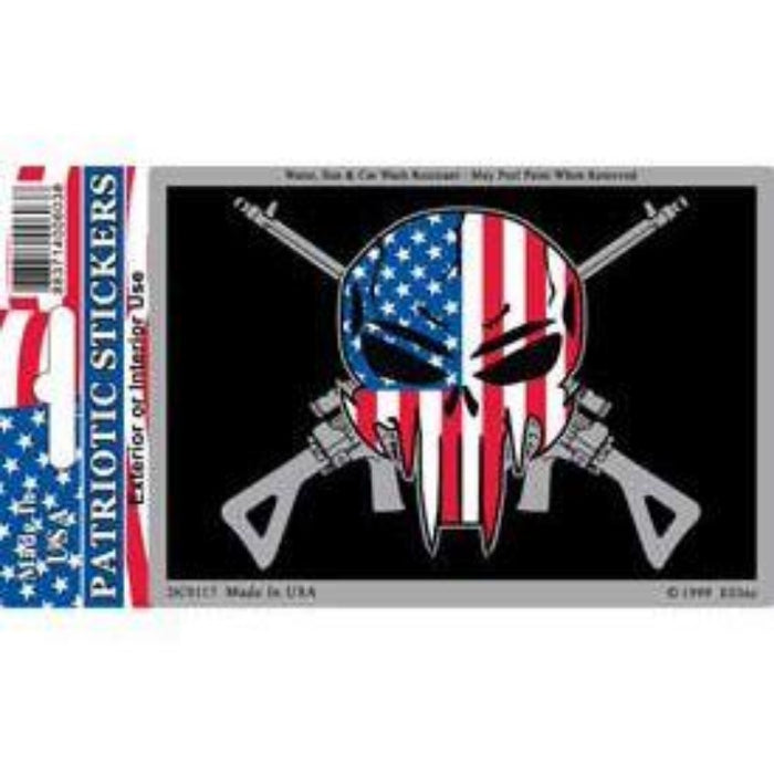 AMERICAN FLAG DESIGN INSIDE A SKULL WITH GUNS BEHIND IT ON A BLACK BACKGROUND AND HOLOGRAPHIC EDGES