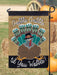 Decorative garden flag with a turkey design and text on a burlap background.