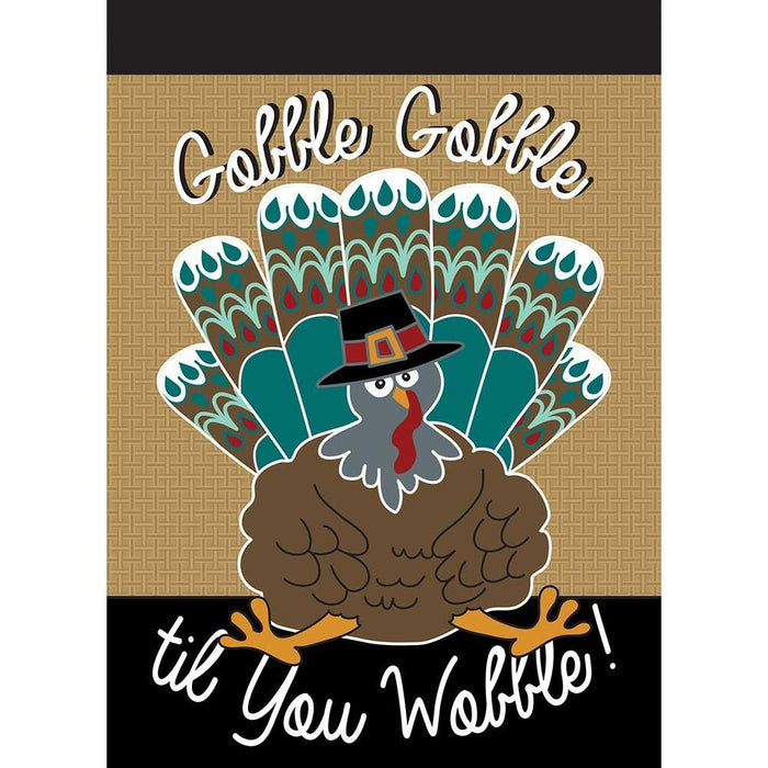 Decorative garden flag with a turkey design and text on a burlap background.