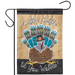 Decorative garden flag with a turkey design and text on a burlap background.