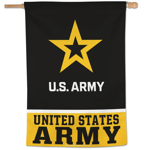 U.S. Army flag with yellow star and text on a black background