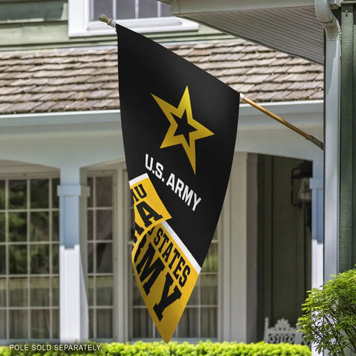 U.S. Army flag with yellow star and text on a black background
