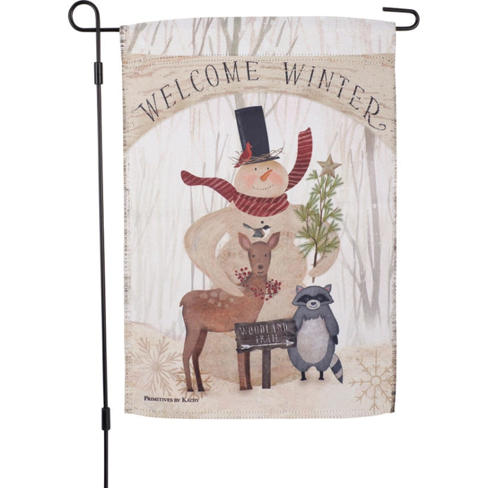 Decorative garden flag with winter-themed design featuring a snowman, deer, and raccoon with 'Welcome Winter' text.