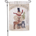 Decorative garden flag with winter-themed design featuring a snowman, deer, and raccoon with 'Welcome Winter' text.