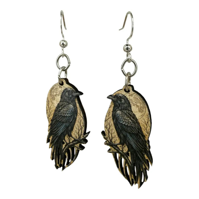 Raven Moon Boots Wood Earrings