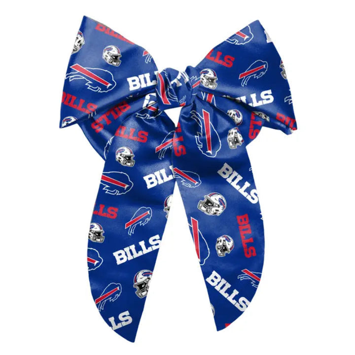 Blue hair bow with scattered Buffalo Bills logos and clip on the back side to secure to hair