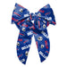 Blue hair bow with scattered Buffalo Bills logos and clip on the back side to secure to hair
