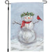 Decorative garden flag with a snowman wearing a red scarf and green wreath, and a cardinal bird on a snowy background.