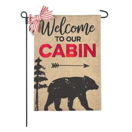 Welcome to Our Cabin Black Bear Burlap Garden Flag