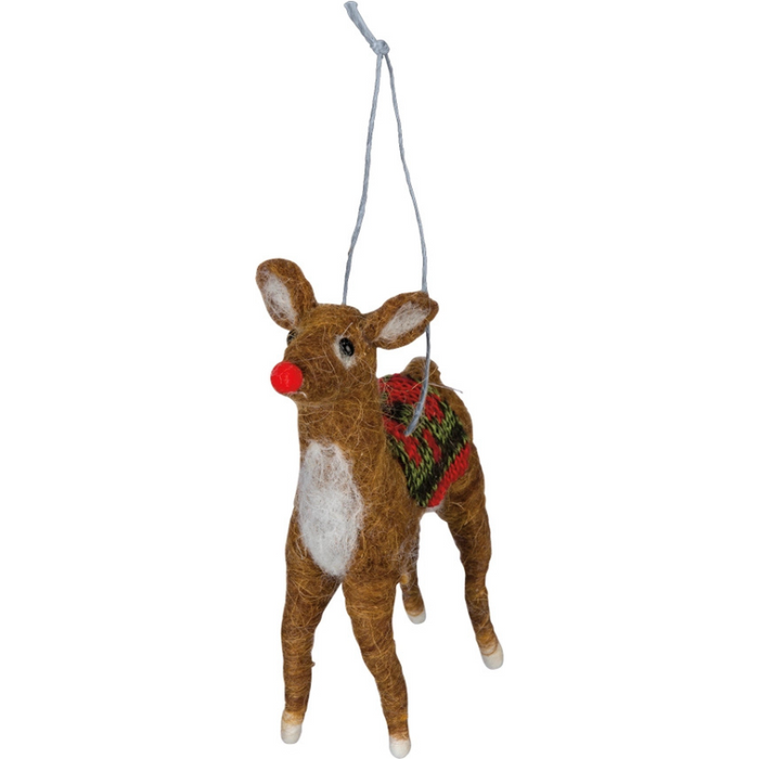 Decorative reindeer ornament with a red nose and green sweater on a white background