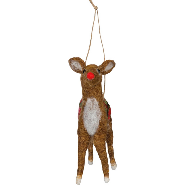 Decorative reindeer ornament with a red nose and green sweater on a white background