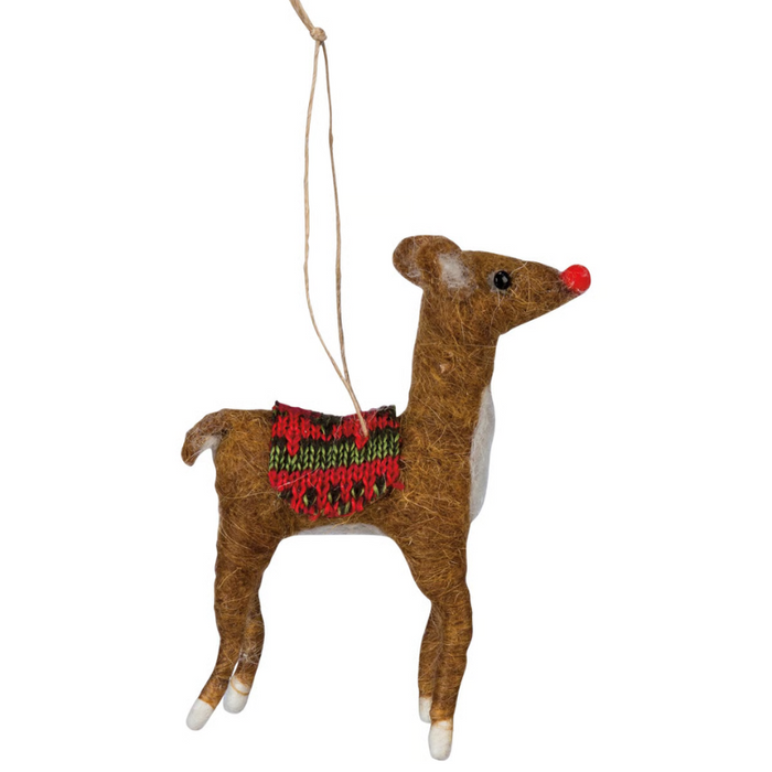 Decorative reindeer ornament with a red nose and green sweater on a white background