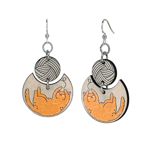 Cat with Yarn Wood Earrings