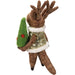 felted reindeer ornament wearing a vest holding a Christmas tree with red ornaments