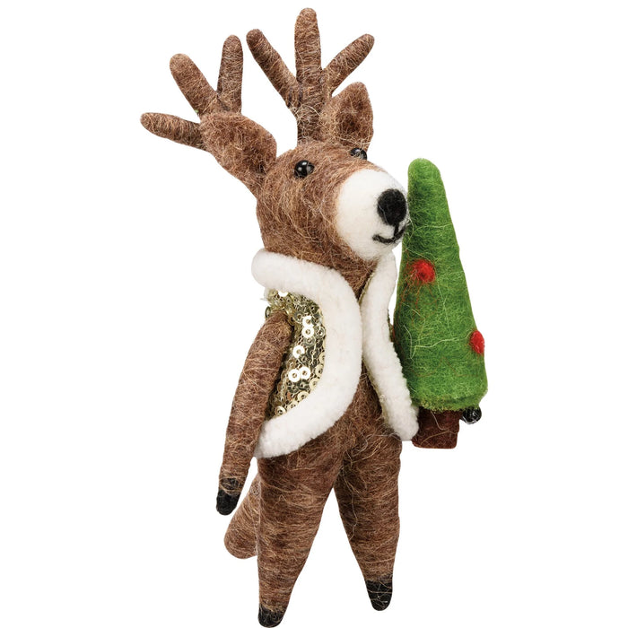 felted reindeer ornament wearing a vest holding a Christmas tree with red ornaments