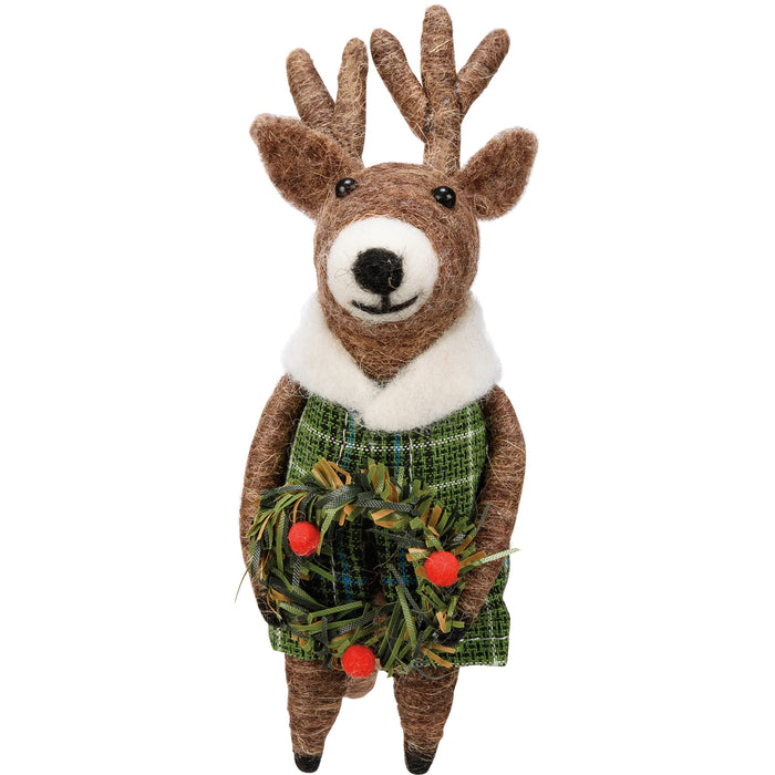 felted reindeer ornament with a green plaid outfit and holding a red berry wreath