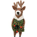 felted reindeer ornament with a green plaid outfit and holding a red berry wreath
