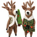 Two decorative felted reindeer figures with festive outfits on