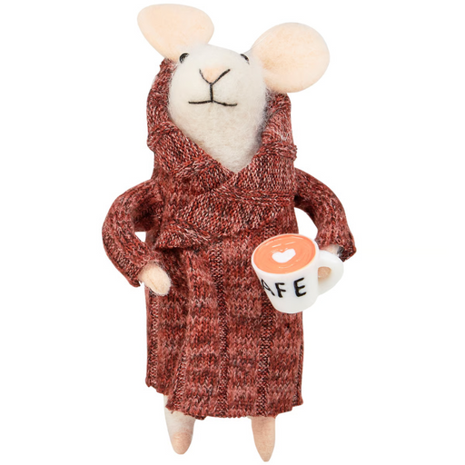 Stuffed mouse toy in a robe holding a coffee cup on a white background