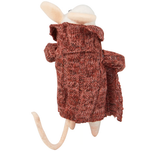 Stuffed mouse toy in a robe holding a coffee cup on a white background