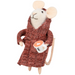 Stuffed mouse toy in a robe holding a coffee cup on a white background