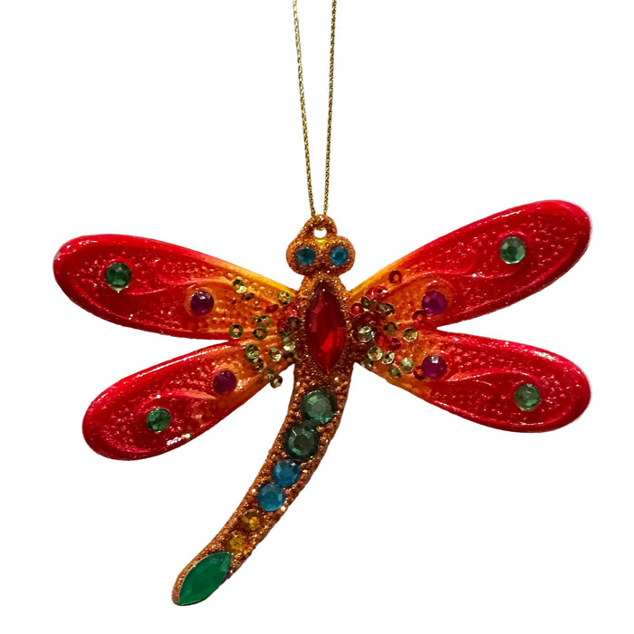 Acrylic Bedazzled Dragonfly Ornament - Orange Wings