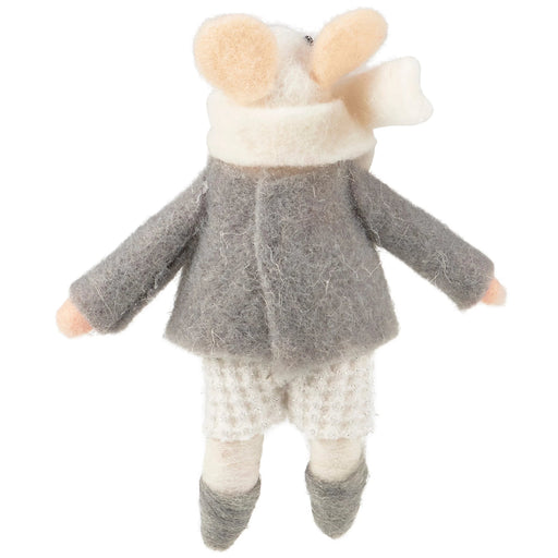 felted mouse ornament wearing a gray sweater with a star design