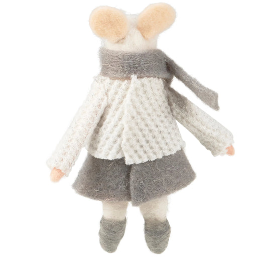 felted mouse ornament wearing a white sweater with a star design