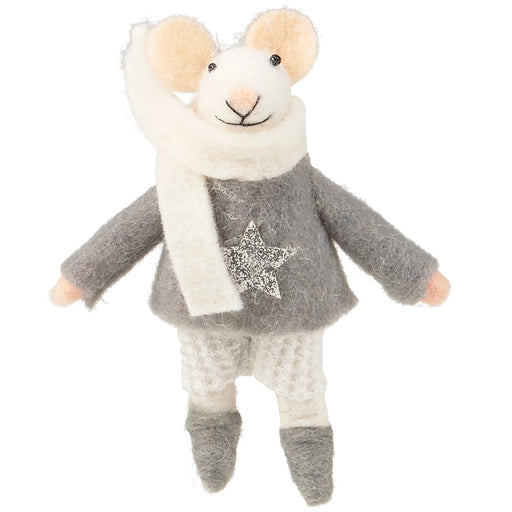 felted mouse ornament wearing a gray sweater with a star design