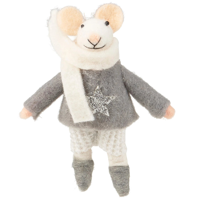 felted mouse ornament wearing a gray sweater with a star design