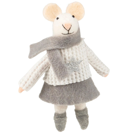 felted mouse ornament wearing a white sweater with a star design