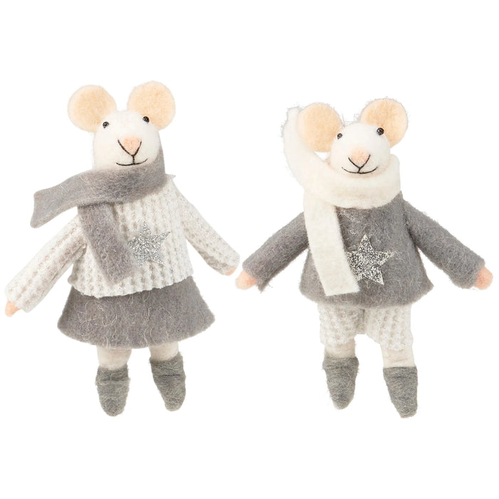 Two felted mouse ornaments wearing sweaters and scarves with a star designed shirt