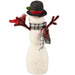 Decorative felted snowman figurine with a plaid scarf and top hat holding a cardinal