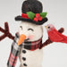 Decorative felted snowman figurine with a plaid scarf and top hat holding a cardinal
