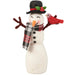 Decorative felted snowman figurine with a plaid scarf and top hat holding a cardinal