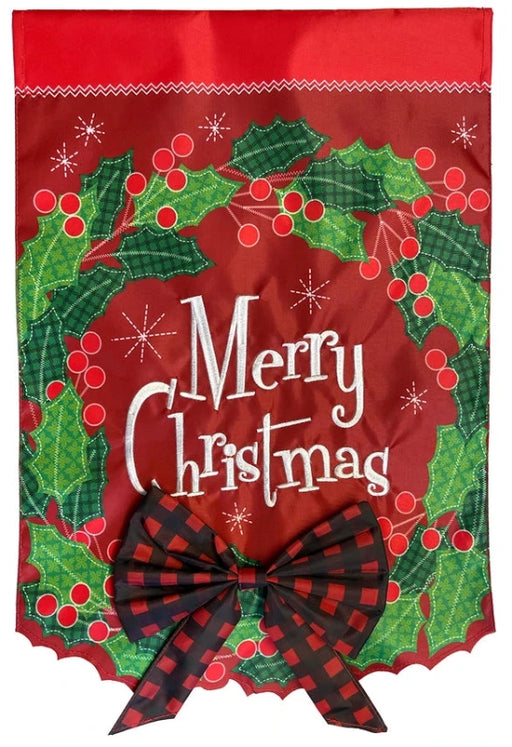 Merry Christmas Wreath Applique Garden Flag