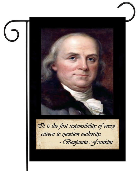 Decorative flag with portrait of Benjamin Franklin and his quote on dark background