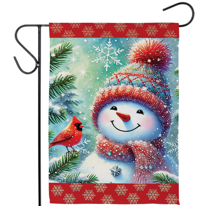Snowman With Cardinal Friend Suede Garden Flag