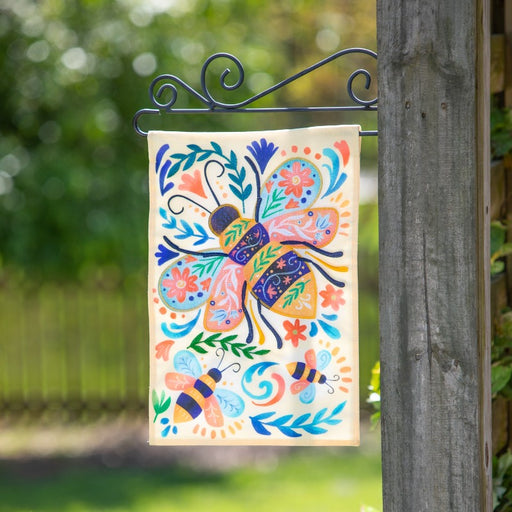 Patterned Bee Linen Garden Flag in use