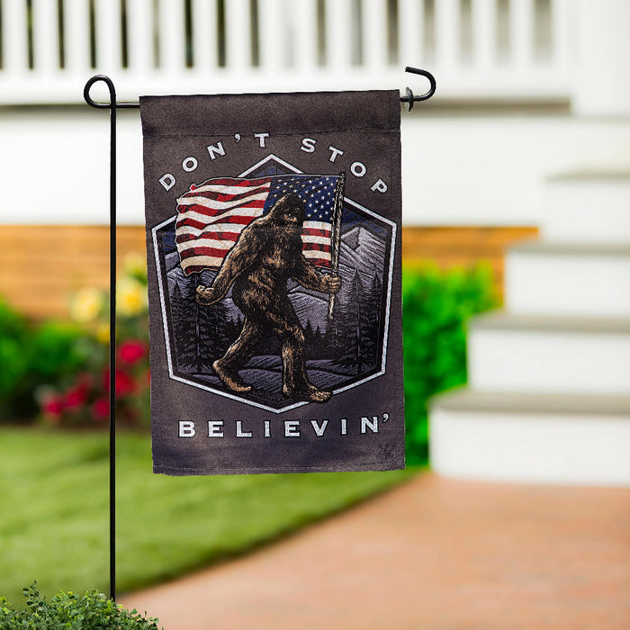 Don't Stop Believin' Bigfoot Garden Flag