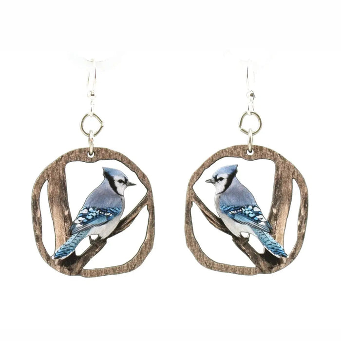 Blue Jay on Branches Wood Earrings