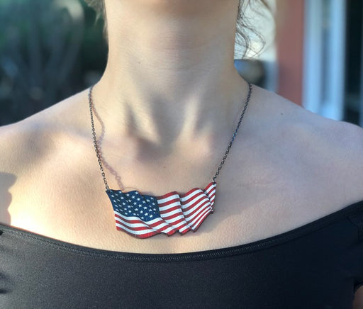 Large American Flag Wood Necklace